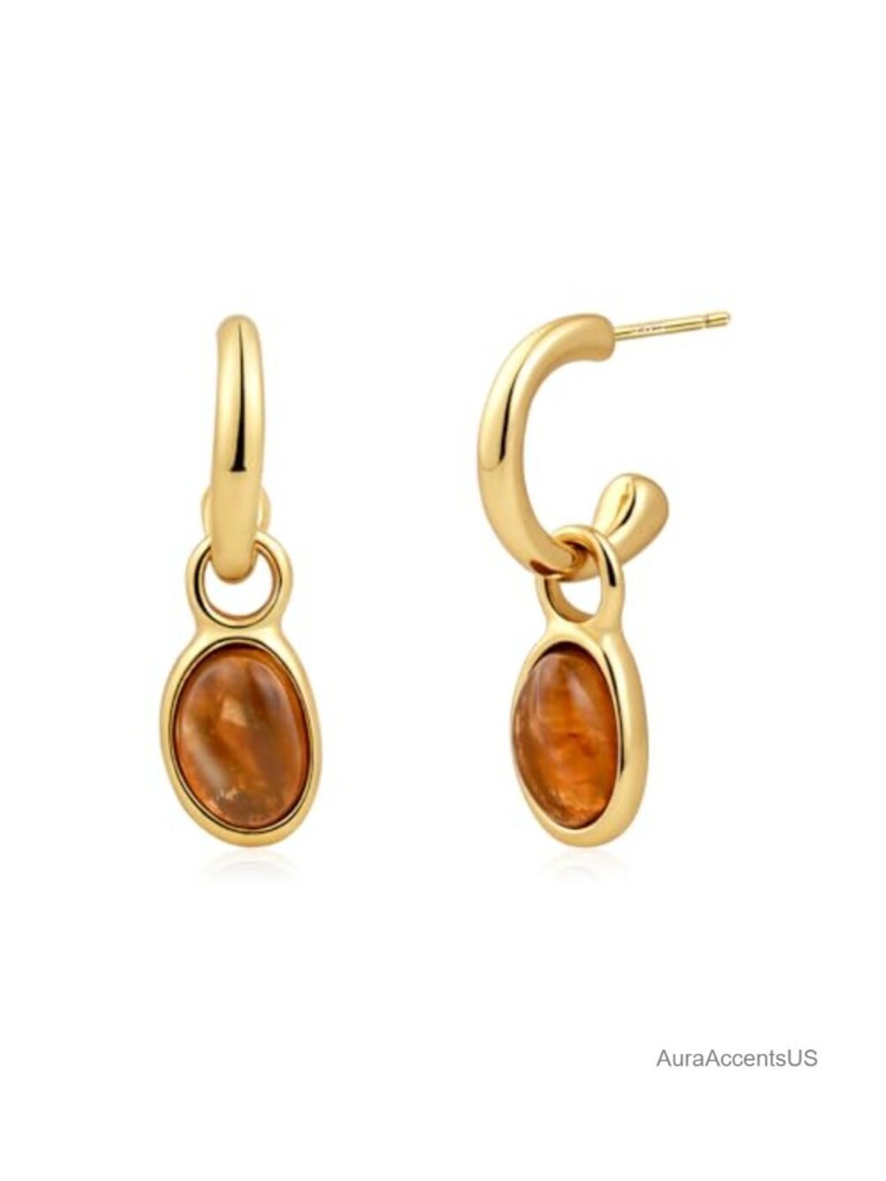 Gold Tone Half Hoop Dangle Earrings Amber Crystal Drop Lever Back